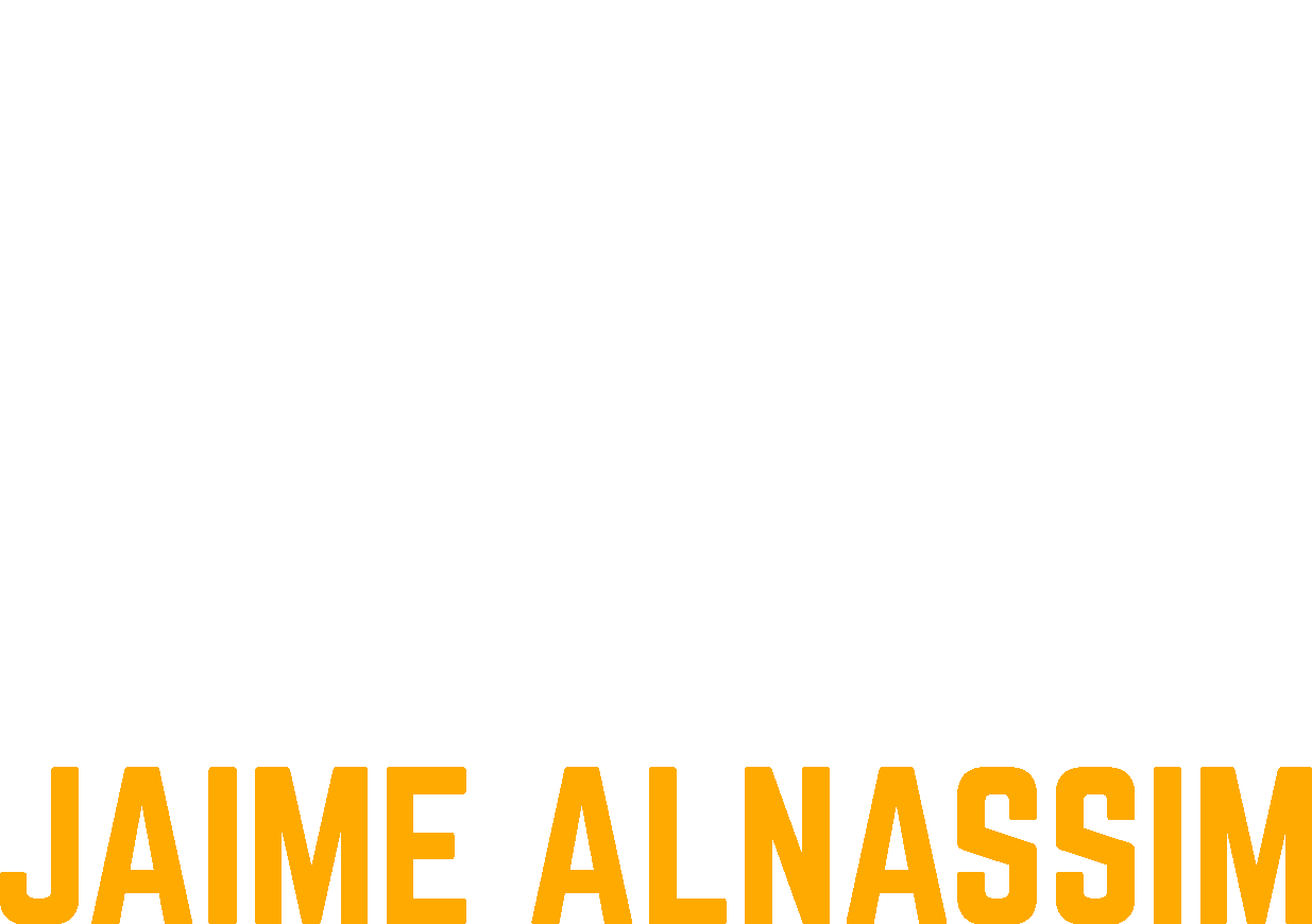 The image features an artfully designed logo with the intertwined letters "J" and "A" in white with sharp, angular edges. Beneath the logo, the name "Jaime Alnassim" is displayed in bold, yellow capital letters. The entire design is set against a black background.